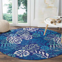 Blue Aloha Hawaiian Round Carpet Monstera Hibiscus Tropical Pattern