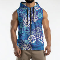 Blue Aloha Hawaiian Sleeveless Zip Hoodie Monstera Hibiscus Tropical Pattern