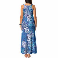 Blue Aloha Hawaiian Tank Maxi Dress Monstera Hibiscus Tropical Pattern