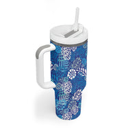 Blue Aloha Hawaiian Tumbler With Handle Monstera Hibiscus Tropical Pattern