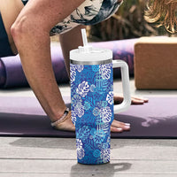 Blue Aloha Hawaiian Tumbler With Handle Monstera Hibiscus Tropical Pattern