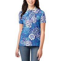 Blue Aloha Hawaiian Women Polo Shirt Monstera Hibiscus Tropical Pattern