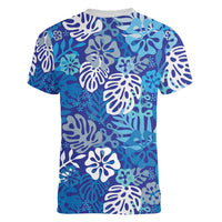 Blue Aloha Hawaiian Women V-Neck T-Shirt Monstera Hibiscus Tropical Pattern