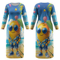 Funny Hawaii Mango Couples Matching Long Sleeve Bodycon Dress and Long Sleeve Button Shirt Tropical Summer Beach Mascot Vacation
