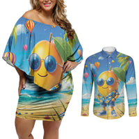 Funny Hawaii Mango Couples Matching Off Shoulder Short Dress and Long Sleeve Button Shirt Tropical Summer Beach Mascot Vacation
