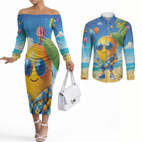 Funny Hawaii Mango Couples Matching Off The Shoulder Long Sleeve Dress and Long Sleeve Button Shirt Tropical Summer Beach Mascot Vacation