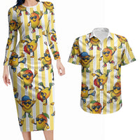 Funny Hawaii Mango Hip Hop Cartoon Couples Matching Long Sleeve Bodycon Dress and Hawaiian Shirt Summer Beach Party