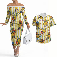 Funny Hawaii Mango Hip Hop Cartoon Couples Matching Off The Shoulder Long Sleeve Dress and Hawaiian Shirt Summer Beach Party