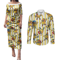 Funny Hawaii Mango Hip Hop Cartoon Couples Matching Puletasi and Long Sleeve Button Shirt Summer Beach Party