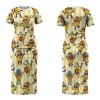 Funny Hawaii Mango Hip Hop Cartoon Couples Matching Short Sleeve Bodycon Dress and Long Sleeve Button Shirt Summer Beach Party