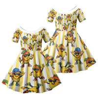 Funny Hawaii Mango Hip Hop Cartoon Family Matching Long Sleeve Bodycon Dress and Hawaiian Shirt Summer Beach Party