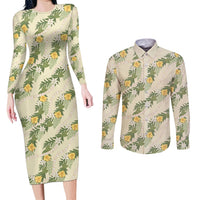 Hawaiian Pikake Maile Lei Couples Matching Long Sleeve Bodycon Dress and Long Sleeve Button Shirt Tiare Hibiscus Kalo Palapalai Leaf Beige