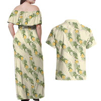 Hawaiian Pikake Maile Lei Couples Matching Off Shoulder Maxi Dress and Hawaiian Shirt Tiare Hibiscus Kalo Palapalai Leaf Beige