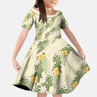 Hawaiian Pikake Maile Lei Family Matching Mermaid Dress and Hawaiian Shirt Tiare Hibiscus Kalo Palapalai Leaf Beige LT19 Daughter's Dress Beige - Polynesian Pride