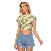 Hawaiian Pikake Maile Lei Raglan Cropped T Shirt Tiare Hibiscus Kalo Palapalai Leaf Beige