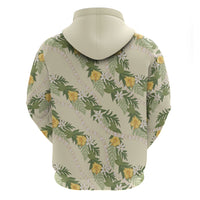 Hawaiian Pikake Maile Lei Zip Hoodie Tiare Hibiscus Kalo Palapalai Leaf Beige
