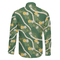 Hawaiian Pikake Maile Lei Family Matching Off Shoulder Maxi Dress and Hawaiian Shirt Tiare Hibiscus Kalo Palapalai Leaf Green LT19 - Polynesian Pride