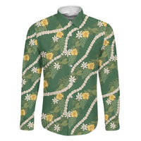 Hawaiian Pikake Maile Lei Family Matching Short Sleeve Bodycon Dress and Hawaiian Shirt Tiare Hibiscus Kalo Palapalai Leaf Green LT19 Dad's Shirt - Long Sleeve Green - Polynesian Pride
