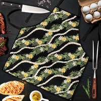 Hawaiian Pikake Maile Lei Apron Tiare Hibiscus Kalo Palapalai Leaf Black