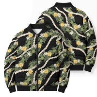 Hawaiian Pikake Maile Lei Bomber Puffer Jacket Tiare Hibiscus Kalo Palapalai Leaf Black