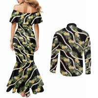 Hawaiian Pikake Maile Lei Couples Matching Mermaid Dress and Long Sleeve Button Shirt Tiare Hibiscus Kalo Palapalai Leaf Black
