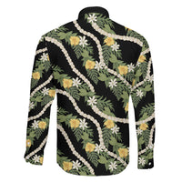 Hawaiian Pikake Maile Lei Family Matching Off Shoulder Short Dress and Hawaiian Shirt Tiare Hibiscus Kalo Palapalai Leaf Black LT19 - Polynesian Pride