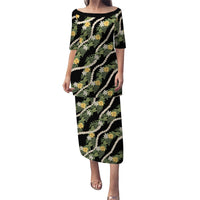 Hawaiian Pikake Maile Lei Family Matching Puletasi and Hawaiian Shirt Tiare Hibiscus Kalo Palapalai Leaf Black LT19 Mom's Dress Black - Polynesian Pride