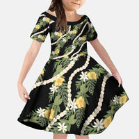 Hawaiian Pikake Maile Lei Family Matching Tank Maxi Dress and Hawaiian Shirt Tiare Hibiscus Kalo Palapalai Leaf Black LT19 Daughter's Dress Black - Polynesian Pride