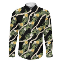 Hawaiian Pikake Maile Lei Family Matching Tank Maxi Dress and Hawaiian Shirt Tiare Hibiscus Kalo Palapalai Leaf Black LT19 Dad's Shirt - Long Sleeve Black - Polynesian Pride