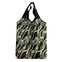 Hawaiian Pikake Maile Lei Grocery Bag Tiare Hibiscus Kalo Palapalai Leaf Black LT19 - Polynesian Pride