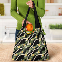 Hawaiian Pikake Maile Lei Grocery Bag Tiare Hibiscus Kalo Palapalai Leaf Black LT19 - Polynesian Pride