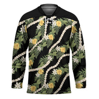 Hawaiian Pikake Maile Lei Hockey Jersey Tiare Hibiscus Kalo Palapalai Leaf Black LT19 Unisex Black - Polynesian Pride