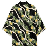 Hawaiian Pikake Maile Lei Kimono Tiare Hibiscus Kalo Palapalai Leaf Black
