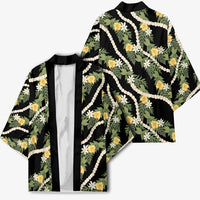 Hawaiian Pikake Maile Lei Kimono Tiare Hibiscus Kalo Palapalai Leaf Black
