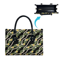 Hawaiian Pikake Maile Lei Leather Bag Tiare Hibiscus Kalo Palapalai Leaf Black