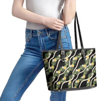 Hawaiian Pikake Maile Lei Leather Tote Bag Tiare Hibiscus Kalo Palapalai Leaf Black LT19 - Polynesian Pride