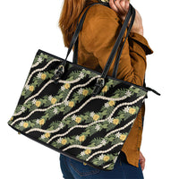 Hawaiian Pikake Maile Lei Leather Tote Bag Tiare Hibiscus Kalo Palapalai Leaf Black LT19 - Polynesian Pride