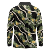 Hawaiian Pikake Maile Lei Long Sleeve Polo Shirt Tiare Hibiscus Kalo Palapalai Leaf Black LT19 - Polynesian Pride