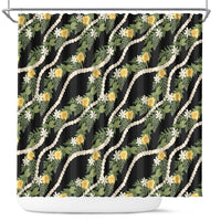 Hawaiian Pikake Maile Lei Shower Curtain Tiare Hibiscus Kalo Palapalai Leaf Black LT19 Black - Polynesian Pride