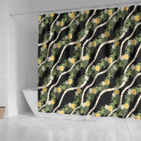 Hawaiian Pikake Maile Lei Shower Curtain Tiare Hibiscus Kalo Palapalai Leaf Black LT19 - Polynesian Pride