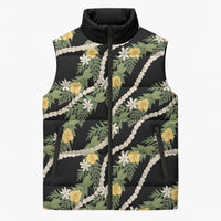Hawaiian Pikake Maile Lei Sleeveless Puffer Jacket Tiare Hibiscus Kalo Palapalai Leaf Black
