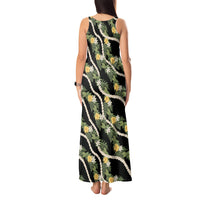 Hawaiian Pikake Maile Lei Tank Maxi Dress Tiare Hibiscus Kalo Palapalai Leaf Black