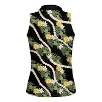 Hawaiian Pikake Maile Lei Women Sleeveless Polo Shirt Tiare Hibiscus Kalo Palapalai Leaf Black