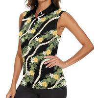 Hawaiian Pikake Maile Lei Women Sleeveless Polo Shirt Tiare Hibiscus Kalo Palapalai Leaf Black