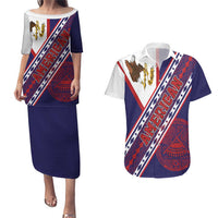 American Samoa Flag Day Couples Matching Puletasi and Hawaiian Shirt Polynesian Tribal Tattoo Eagle Art LT19 Navy - Polynesian Pride