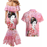 Japanese Geisha Cherry Blossom Couples Matching Mermaid Dress and Hawaiian Shirt Pink Palaka Hawaii Pattern Fusion Design