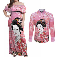 Japanese Geisha Cherry Blossom Couples Matching Off Shoulder Maxi Dress and Long Sleeve Button Shirt Pink Palaka Hawaii Pattern Fusion Design LT19 Pink - Polynesian Pride