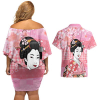 Japanese Geisha Cherry Blossom Couples Matching Off Shoulder Short Dress and Hawaiian Shirt Pink Palaka Hawaii Pattern Fusion Design LT19 - Polynesian Pride