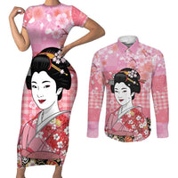 Japanese Geisha Cherry Blossom Couples Matching Short Sleeve Bodycon Dress and Long Sleeve Button Shirt Pink Palaka Hawaii Pattern Fusion Design LT19 Pink - Polynesian Pride