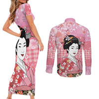 Japanese Geisha Cherry Blossom Couples Matching Short Sleeve Bodycon Dress and Long Sleeve Button Shirt Pink Palaka Hawaii Pattern Fusion Design LT19 - Polynesian Pride